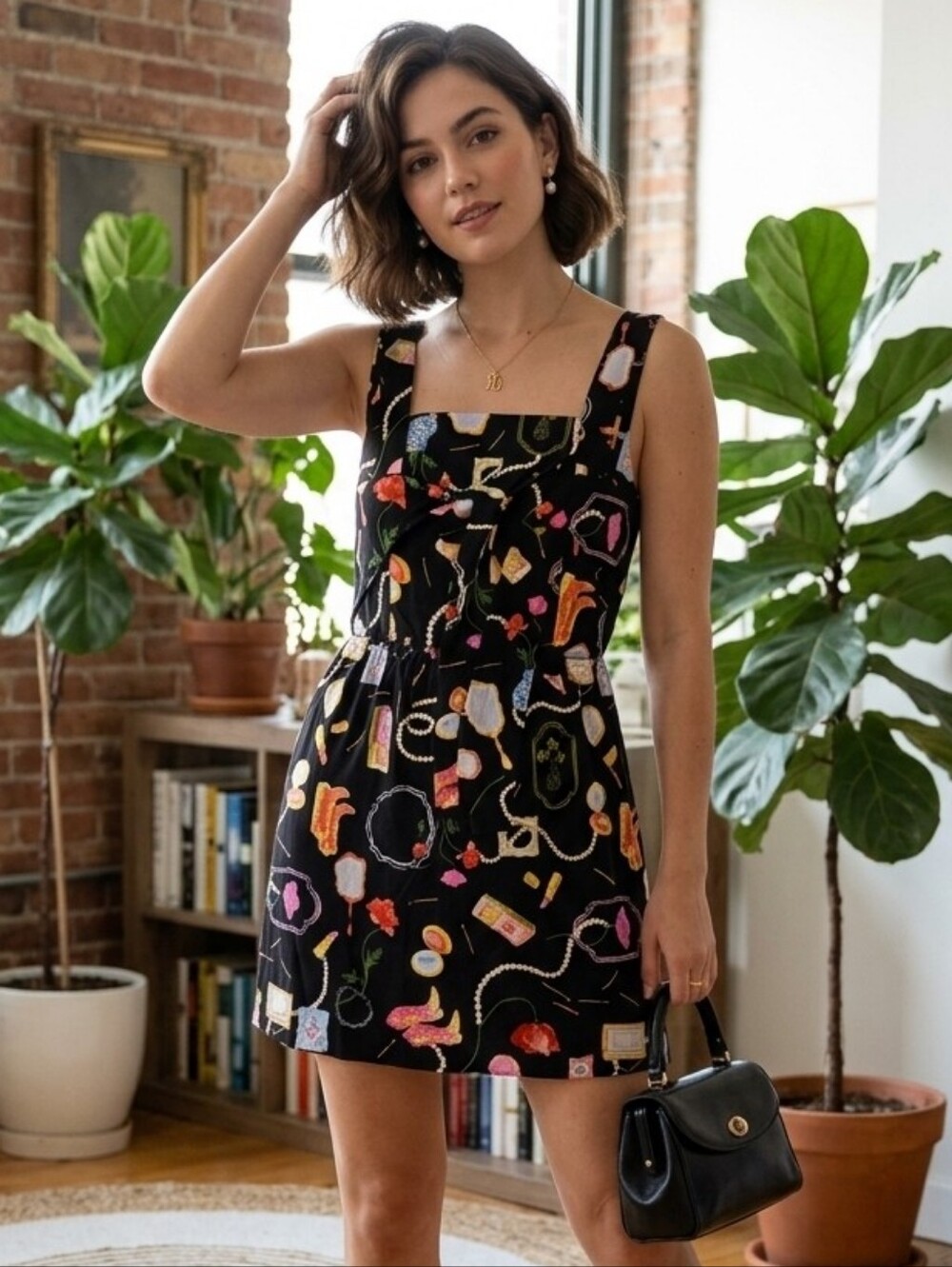 Monteau Linen Blend Black Square-Neck Mini Dress Whimsical Novelty Print M